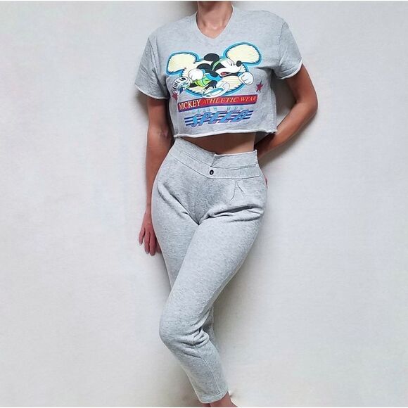 𝅺Rare Vintage Disney Mickey Mouse Heather Gray Crop Top High Rise Sweatpants Me